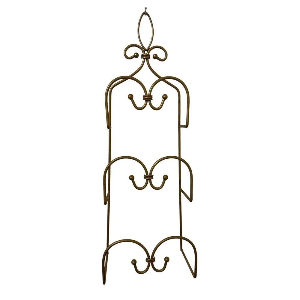 Vintage Wall Mount Plate Rack Photo Frame Holder Gold Metal Scroll Vertical